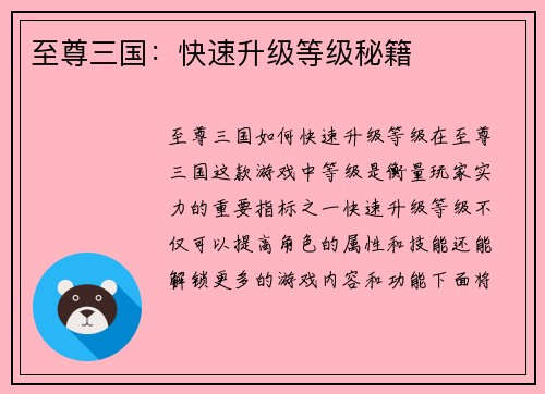 至尊三国：快速升级等级秘籍