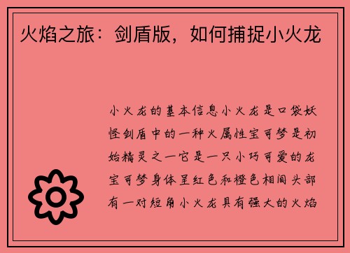 火焰之旅：剑盾版，如何捕捉小火龙